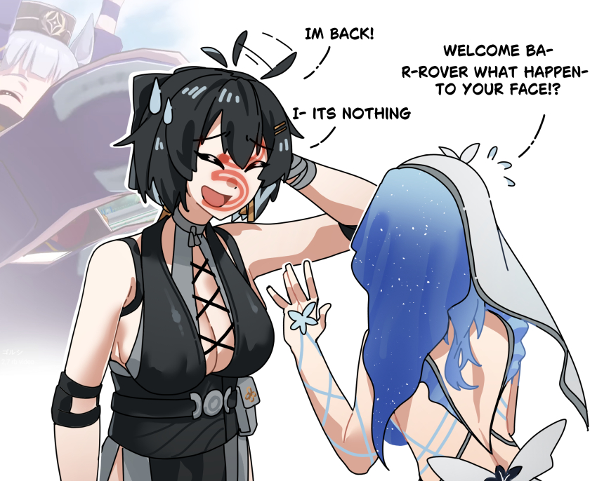 2girls, ahoge, ahoge_wag, bare_shoulders, black_dress, black_hair, blue_veil, breasts