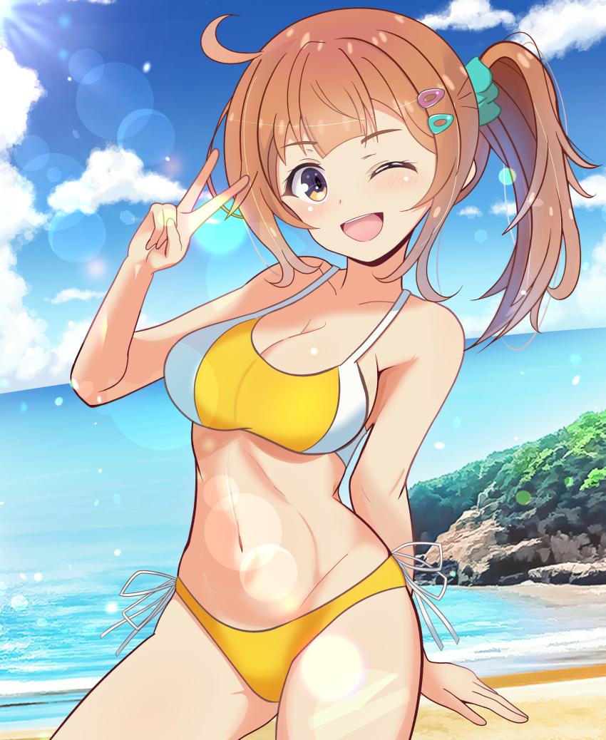 1girl, absurdres, ahoge, bikini, blue_sky, breasts, brown_eyes, cleavage