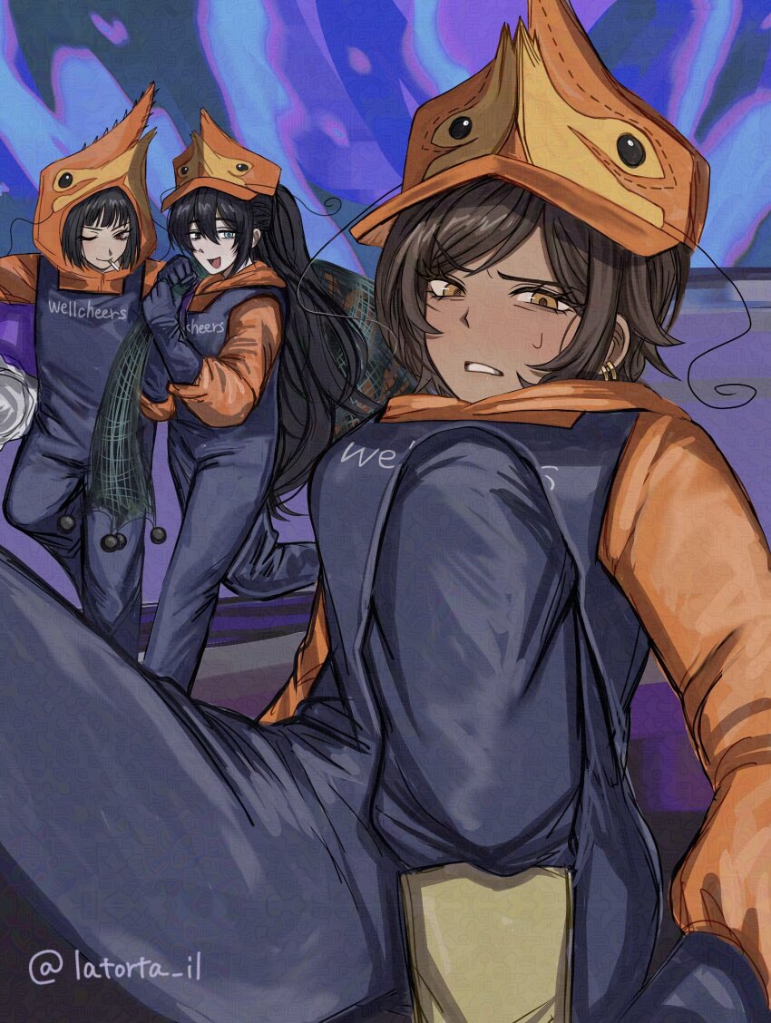 1boy, 2girls, alternate_costume, black_hair, blue_overalls, brown_eyes, brown_hair, cigarette