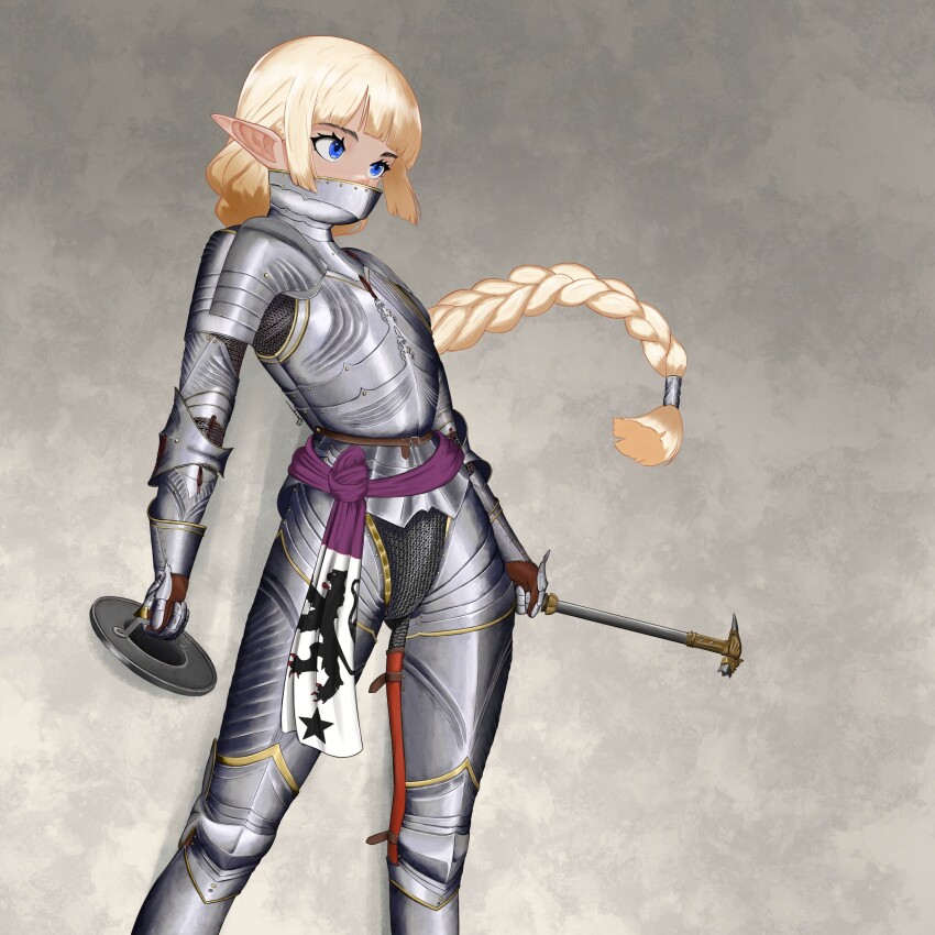 1girl, absurdres, armor, bevor, blonde_hair, blue_eyes, boagnnnnnnn, braid