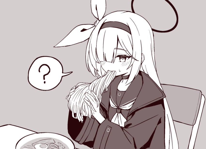 1girl, ai-generated_art_(topic), ai_drawing_anime_characters_eating_ramen_(meme), black_choker, black_hairband, black_serafuku, blue_archive, choker