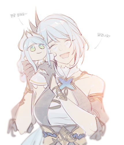 1girl, bare_shoulders, blue_hair, breasts, chibi, etain_(mabinogi), holding_chibi, large_breasts