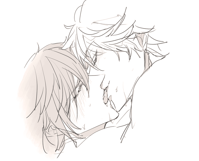 004s_4, 2boys, blush, french_kiss, genshin_impact, greyscale, image_sample, kiss