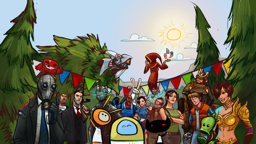 4girls, 6+boys, annotated, armor, asha_catari, assassin's_creed, assassin's_creed_(series), assassin's_creed_ii, assassin_(mnc), assault_(mnc), back_to_the_future, bandages, belt, black_hair, blindfold, blonde_hair, blood, braid, breasts, brown_hair, bun_cover, bunny_ears_prank, capcom, character_request, chun-li, closed_eyes, clothes_writing, cloud, crossed_arms, cyl, dark_skin, day, dead_space_(series), double_bun, english_text, everyone, ezio_auditore_da_firenze, facial_hair, fingerless_gloves, flag, floating, food, formal_clothes, francis_(left4dead), gloves, gun, hair_bun, highres, homefront, hood, horse, isaac_clarke, killing_floor, lara_croft, leaf, left_4_dead, left_4_dead_1, left_4_dead_2, long_hair, mafia_ii, magicka, makani, marty_mcfly, mask, max_(sam_&amp;_max), meat, meat_boy, medium_breasts, monday_night_combat, mr._foster, multiple_boys, multiple_girls, navel, necktie, missing_legwear, official_art, official_wallpaper, outdoors, peashooter_(plants_vs._zombies), plant, plants_vs._zombies, pocket, pucket, rift, robert_jacobs, roderick_bodkin, sam_&amp;_max, seal_(animal), shirt, sign, sir_roderick_bodkin, sky, smile, steam_(platform), street_fighter, suit, summer_seal, sun, super_meat_boy, t-shirt, tappet, thumbs_up, tomb_raider, total_war, total_war:_shogun_2, tree, v, valve, waving, weapon, worms_(game)