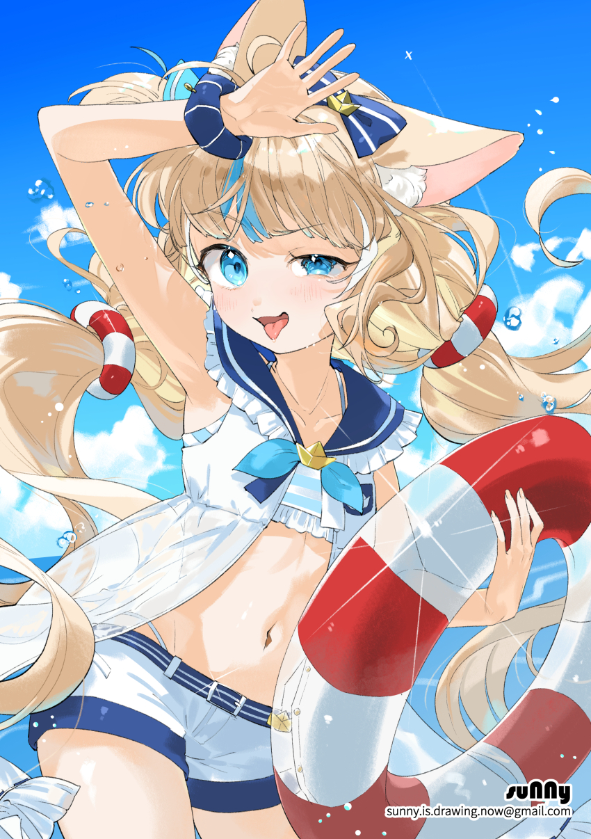 1girl, absurdres, animal_ears, arm_up, bikini, bikini_under_clothes, blonde_hair, blue_bikini