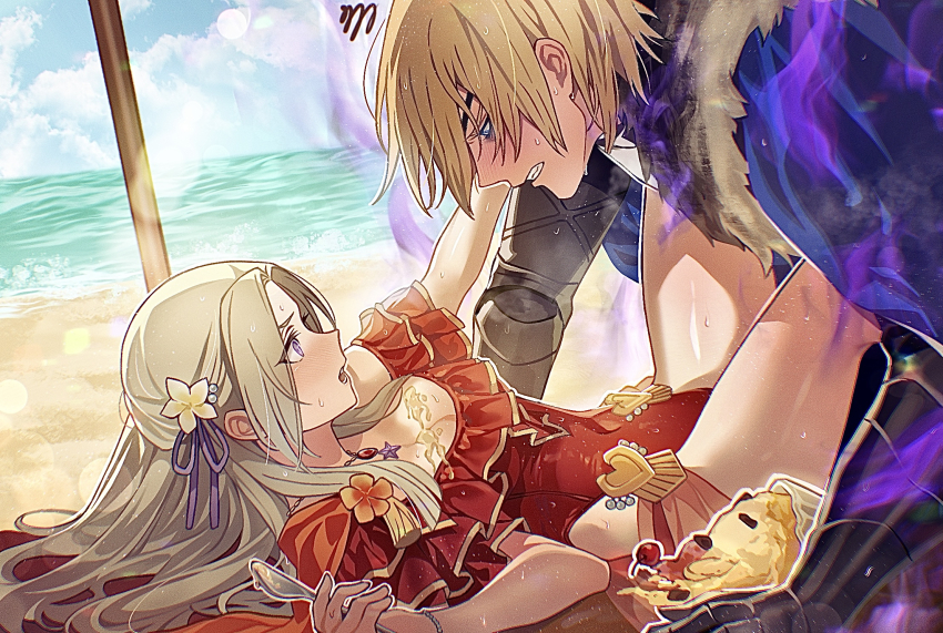 1boy, 1girl, armor, beach, blonde_hair, blush, bracelet, breasts, cleavage, clenched_teeth, commentary, covered_navel, dimitri_alexandre_blaiddyd, dimitri_alexandre_blaiddyd_(timeskip), edelgard_von_hresvelg, edelgard_von_hresvelg_(summer), fire_emblem, fire_emblem:_three_houses, fire_emblem_heroes, flower, food, gauntlets, hair_flower, hair_ornament, hair_ribbon, hetero, highres, holding, holding_spoon, ice_cream, jewelry, long_hair, lying, medium_breasts, necklace, nintendo, ocean, official_alternate_costume, on_back, one-piece_swimsuit, outdoors, parted_bangs, pendant, purple_eyes, purple_ribbon, red_one-piece_swimsuit, ribbon, sand, short_hair, soma_otakuu, spill, spoon, star_(symbol), star_necklace, sweat, swimsuit, teeth, thighs