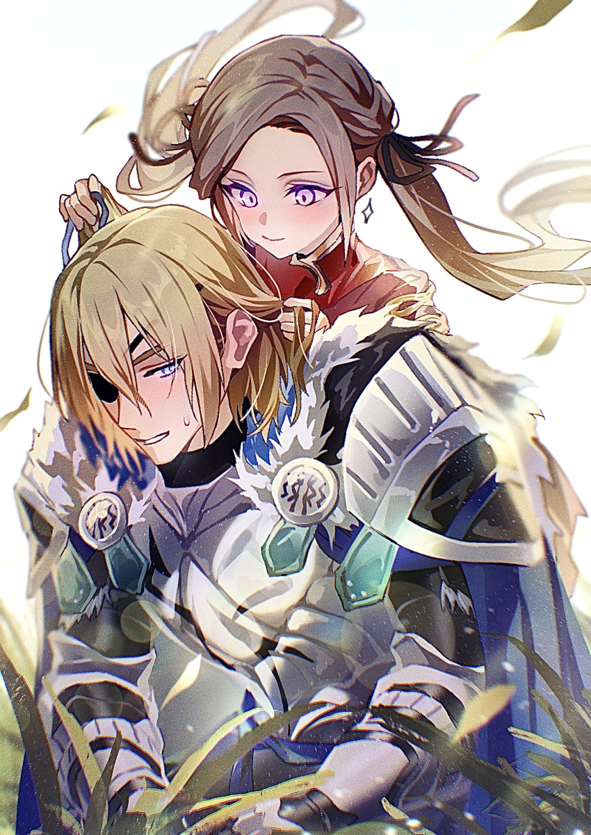 1boy, 1girl, aged_down, armor, blonde_hair, blue_cape, blue_eyes, cape