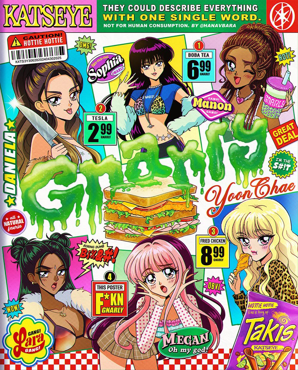 animal_print, bikini, bikini_top_only, black_hair, blonde_hair, braid, brown_hair, bubble_tea, checkered_background, chicken_(food), chicken_leg, daniela_(katseye), double_bun, english_text, food, fried_chicken, hair_bun, hanavbara, highres, holding, holding_food, holding_knife, jewelry, k-pop, katseye, knife, lara_(katseye), leopard_print, logo, long_hair, long_sleeves, lyrics, manon_(katseye), megan_(katseye), multicolored_hair, necklace, real_life, sandwich, sleeveless, song_name, sophia_(katseye), sticker, strapless, swimsuit, takis, yoonchae_(katseye)