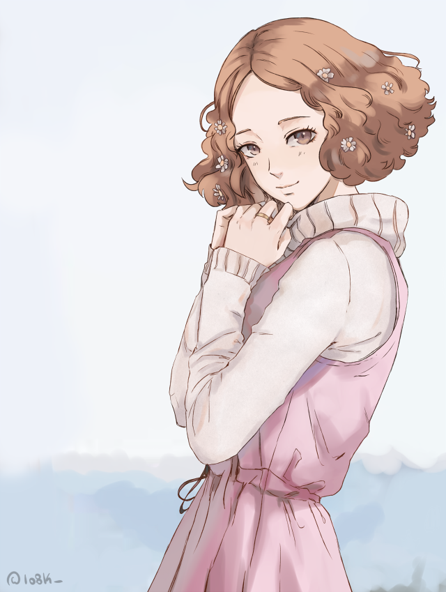 1girl, 1o8k, artist_name, brown_eyes, brown_hair, dated_commentary, dress, flower