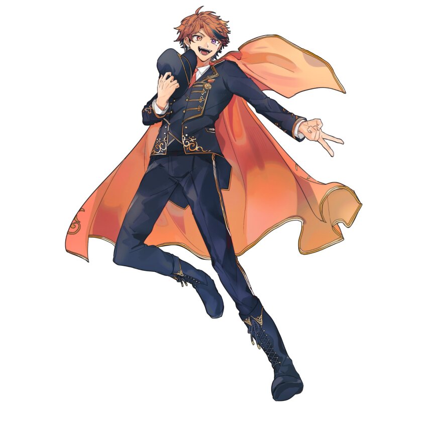 1boy, :d, ahoge, black_boots, black_hair, black_jacket, black_pants, black_vest