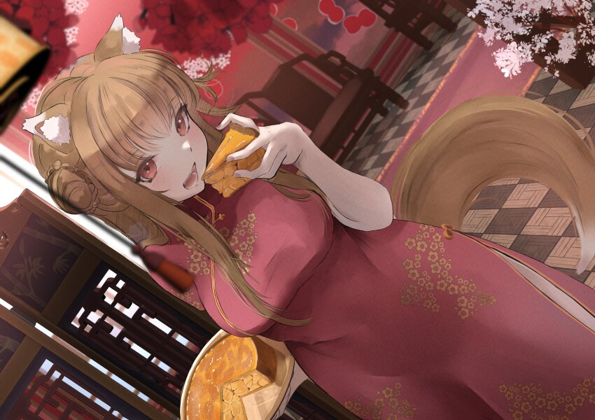 1girl, absurdres, animal_ears, araca_ra, breasts, brown_eyes, brown_hair, china_dress