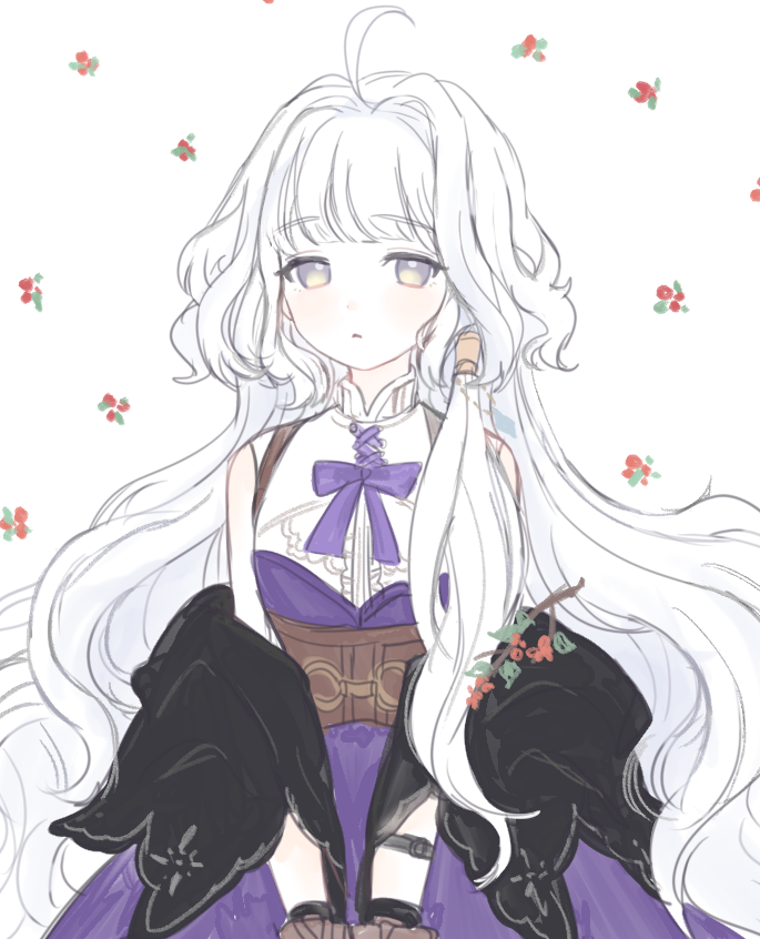 1girl, ahoge, bare_shoulders, grey_hair, hair_intakes, long_hair, mabinogi, mbibetty, multicolored_eyes, purple_ribbon, ribbon, rowan_(mabinogi), simple_background, two-tone_eyes, yellow_eyes