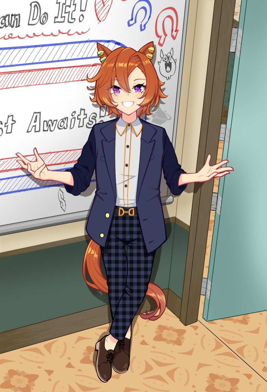 1girl, animal_ears, blue_jacket, blue_pants, brown_shoes, collared_shirt, commentary, cool_s, crossed_ankles, door, dress_shirt, english_commentary, english_text, formal_clothes, grin, hands_up, highres, horse_ears, horse_girl, horse_tail, indoors, jacket, medium_hair, meme, meme_request, mouhantain, open_clothes, open_jacket, orange_hair, pants, plaid_clothes, plaid_pants, purple_eyes, shirt, shoes, smile, solo, standing, suit, t.m._opera_o_(umamusume), tail, umamusume, white_shirt, whiteboard