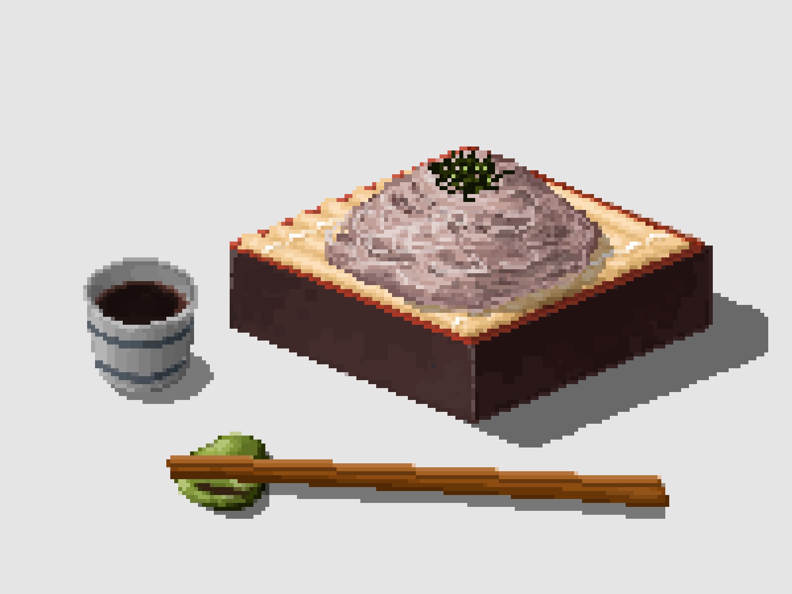 black_tea, chopsticks, cup, food, food_focus, heimuer, highres, hisachan55cute, mat, no_humans, noodles, original, pixel_art, scenery, shadow, simple_background, soba, tea, wasabi, white_background