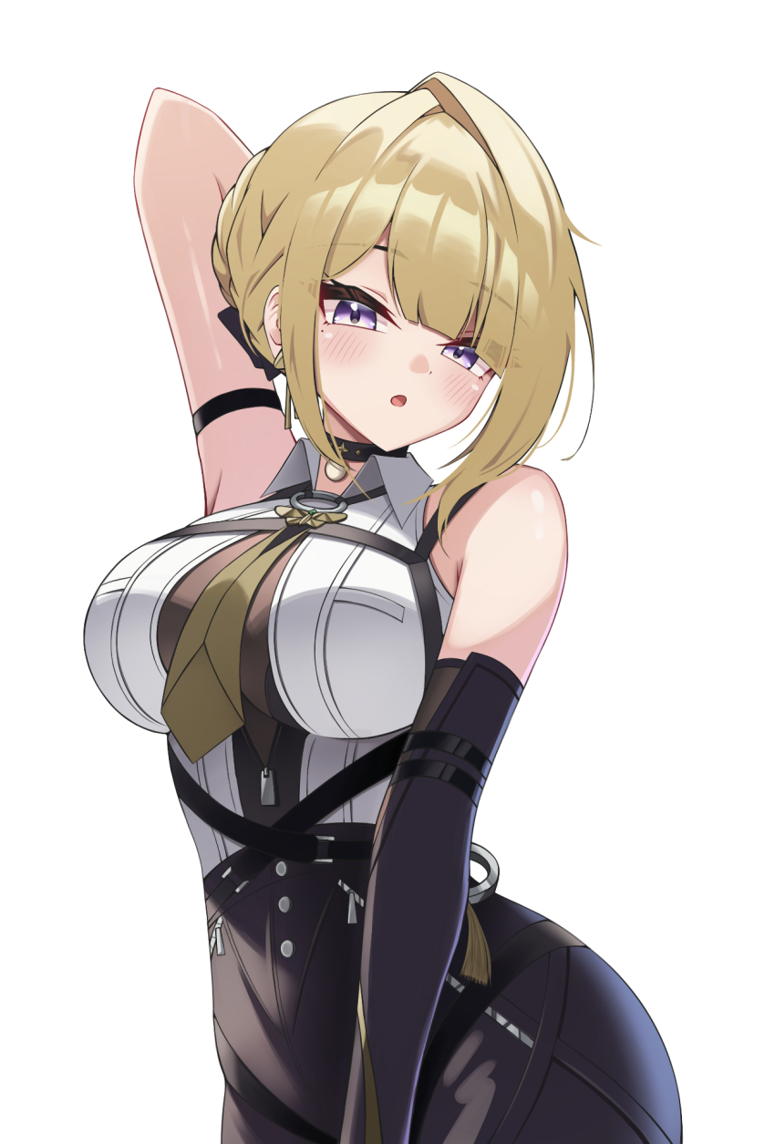 1girl, arm_up, armpits, black_gloves, black_pants, blonde_hair, blush, braid