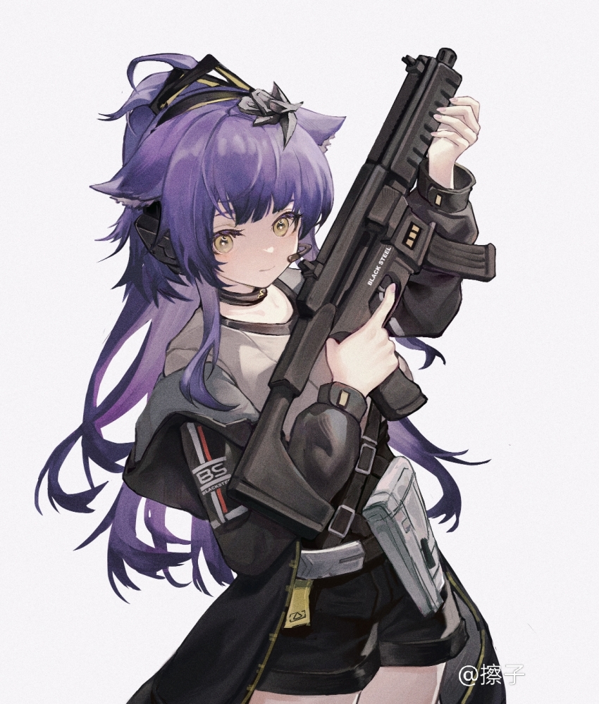 1girl, animal_ears, arknights, black_jacket, black_shorts, ca_zi, chinese_commentary, closed_mouth, commentary_request, cowboy_shot, grey_background, grey_shirt, gun, headset, highres, holding, holding_gun, holding_weapon, jacket, jessica_(arknights), jessica_the_liberated_(arknights), long_sleeves, looking_at_viewer, off_shoulder, purple_hair, shirt, short_shorts, shorts, simple_background, solo, standing, submachine_gun, t-shirt, watermark, weapon, yellow_eyes