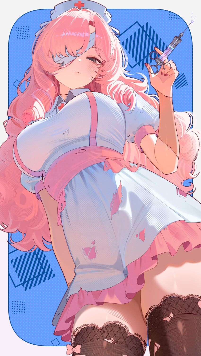 1girl, absurdres, bandaged_head, bandages, black_eyes, black_thighhighs, border, breasts, character_name, closed_mouth, collared_dress, commentary, commission, cowboy_shot, cross, dress, drill_hair, eyepatch, fingernails, from_below, hat, highres, holding, holding_syringe, indie_virtual_youtuber, kagome_(vtuber), lace, lace-trimmed_thighhighs, lace_trim, large_breasts, long_hair, looking_at_viewer, looking_down, mole, mole_on_cheek, ms._tsu, nail_polish, nurse, nurse_cap, one_eye_covered, outside_border, pink_hair, puffy_short_sleeves, puffy_sleeves, red_cross, red_nails, second-party_source, short_sleeves, solo, standing, stitched_arm, stitched_neck, stitches, untranslatable_commentary, syringe, thighhighs, torn_clothes, torn_dress, torn_thighhighs, twin_drills, very_long_hair, virtual_youtuber, white_border, white_dress, white_hat, zombie