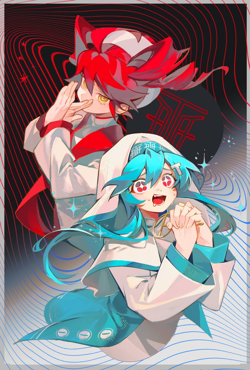 +_+, aqua_hair, blue_hair, drill_hair, fang, hair_between_eyes, hair_ornament, hat