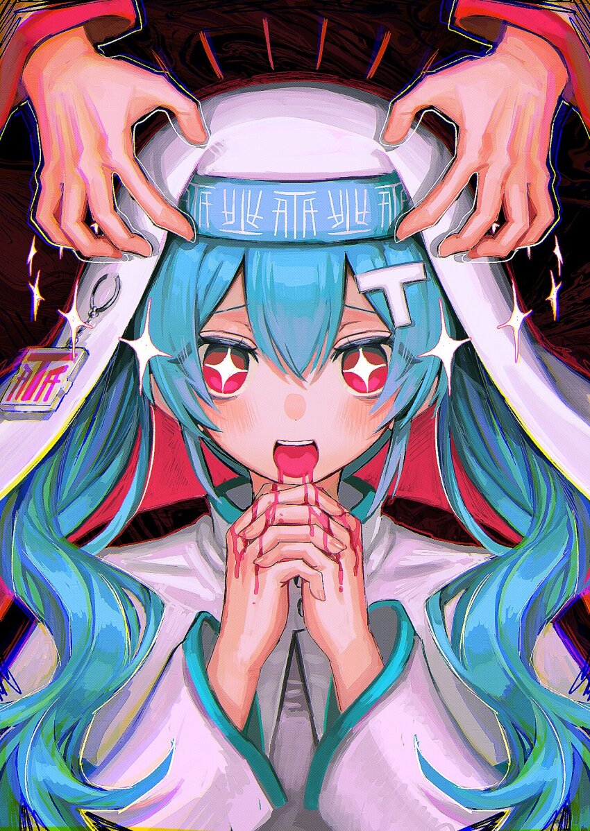 +_+, 1girl, aqua_hair, blood, blood_from_mouth, blue_hair, blush, hair_between_eyes