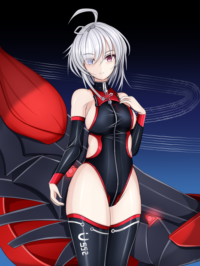 1girl, ahoge, azur_lane, black_one-piece_swimsuit, black_thighhighs, blue_eyes, breasts, character_name