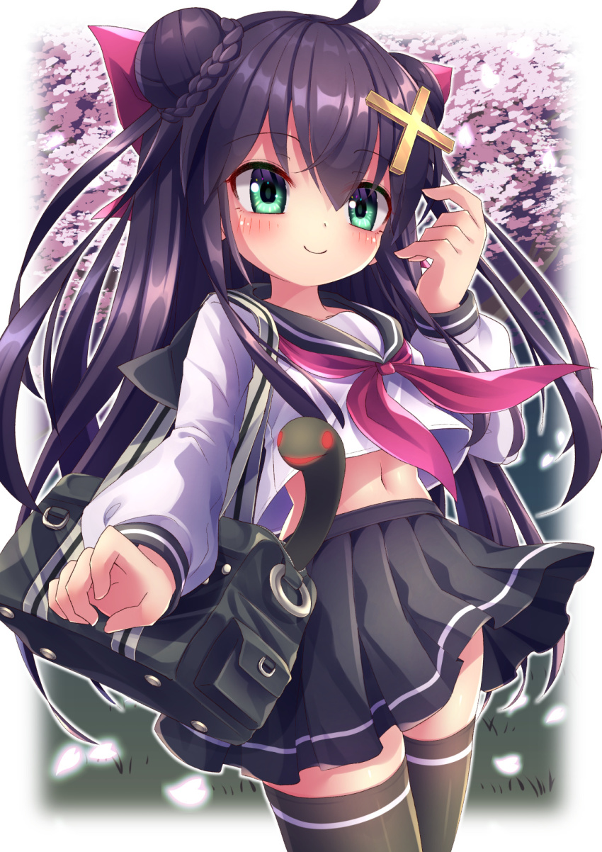 1girl, ahoge, bag, black_bag, black_hair, black_thighhighs, cherry_blossoms, double_bun, emil_chronicle_online, green_eyes, hair_bun, hair_ornament, hair_ribbon, hairclip, highres, kiyohime_lore, long_hair, midriff, navel, ribbon, school_uniform, skirt, smile, solo, thighhighs, yupi828