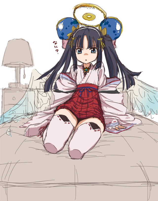 1girl, angel, angel_wings, bed, black_hair, blue_eyes, emil_chronicle_online, frustrated