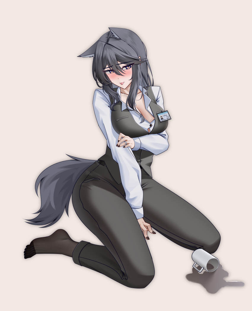 1girl, :p, absurdres, alter_kamerade, animal_ears, arknights, arm_under_breasts, black_hair