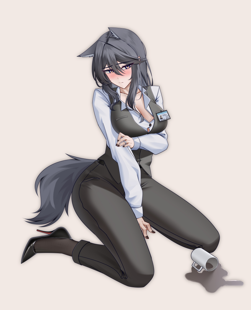 1girl, absurdres, alter_kamerade, animal_ears, arknights, arm_under_breasts, black_hair, black_nails