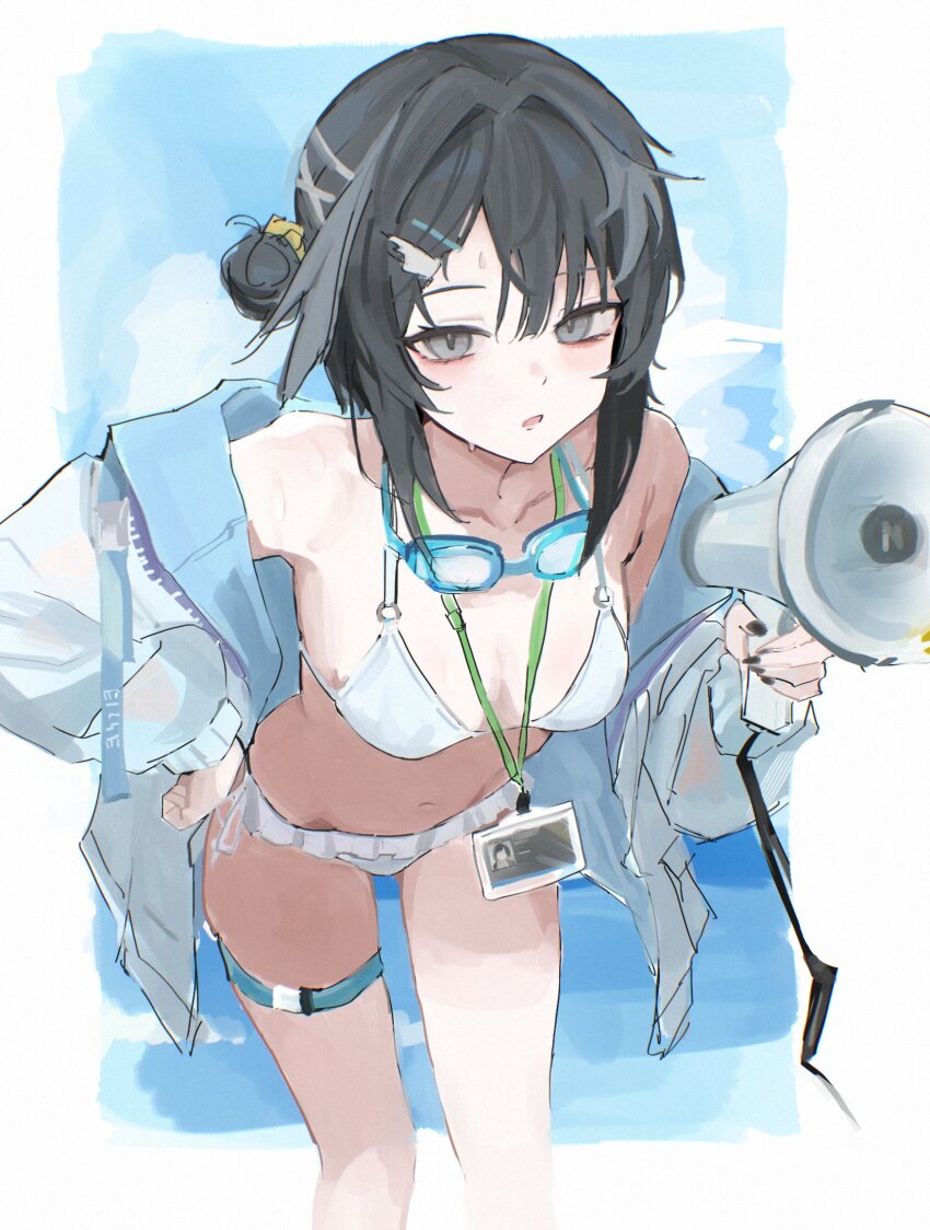 arknights, bikini, black_hair, border, breasts, commentary, cowboy_shot, death_unagi