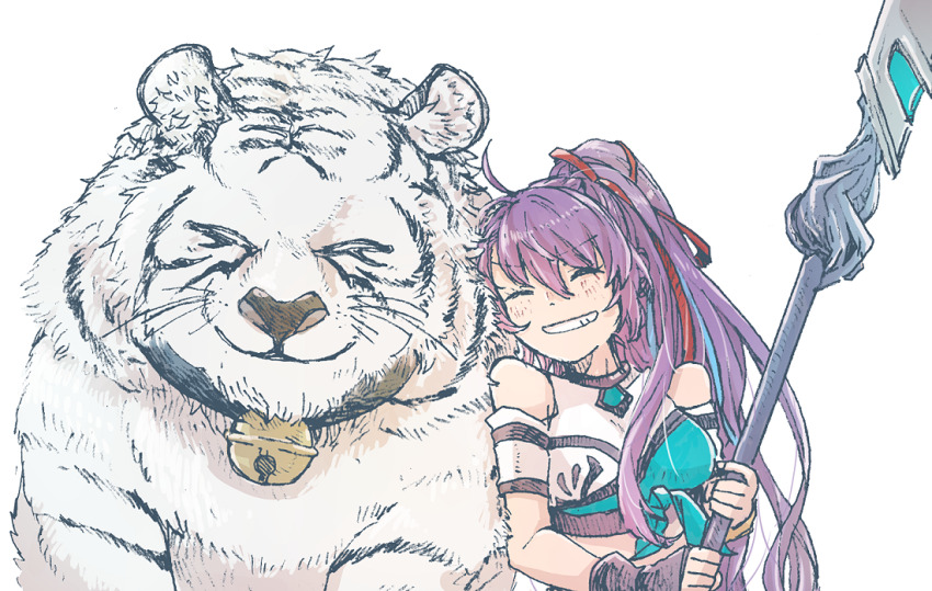 1girl, :d, ahoge, another_eden, bare_shoulders, bell, black_gloves, blue_ribbon