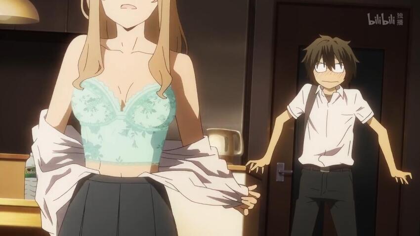 1boy, 1girl, anime_screenshot, aoki_clair, aqua_corset, belt, black_pants, black_skirt, blonde_hair, breasts, brown_hair, cleavage, corset, glasses, gleipnir_(series), indoors, kagaya_shuichi, pants, school_uniform, shirt, skirt, third-party_edit, third-party_watermark, undressing, white_shirt