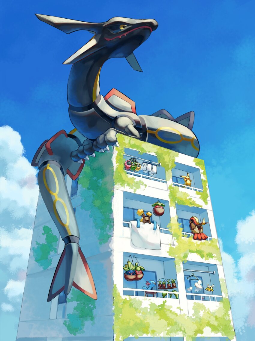 2girls, 6+others, alternate_color, blanket, blue_sky, bounsweet, building, buneary