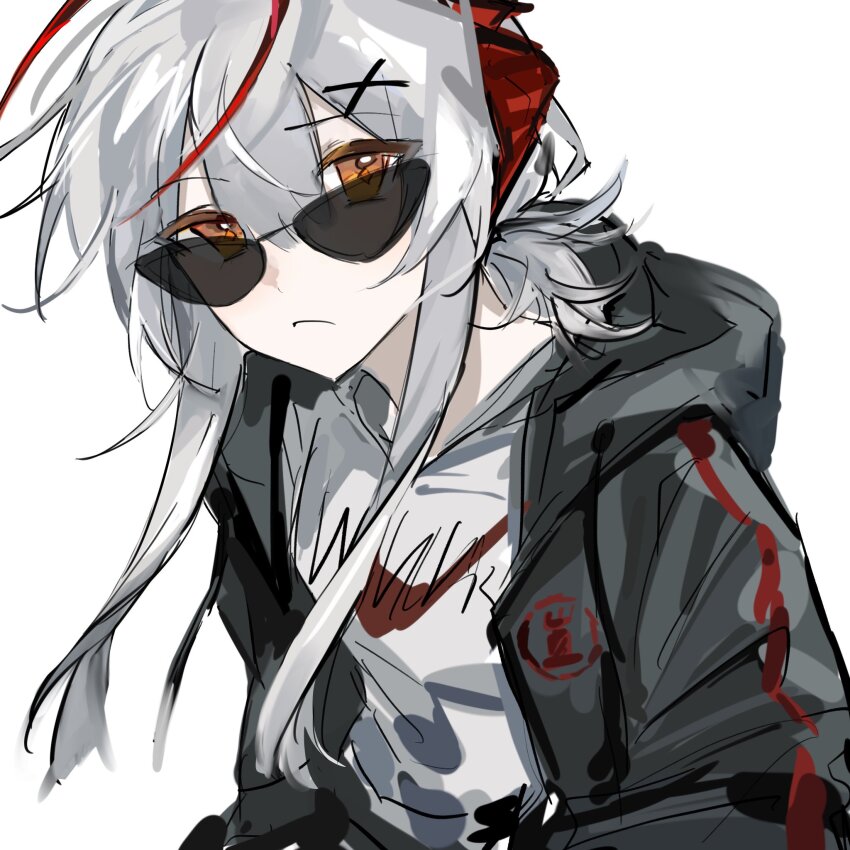 1girl, arknights, black_jacket, chinese_commentary, closed_mouth, commentary_request, grey_hair, grey_shirt, hair_between_eyes, hair_ornament, highres, hood, hood_down, hooded_jacket, jacket, long_hair, looking_at_viewer, multicolored_hair, open_clothes, open_jacket, qielmy, red_hair, shirt, simple_background, sketch, solo, streaked_hair, sunglasses, upper_body, w_(arknights), white_background, x_hair_ornament, yellow_eyes