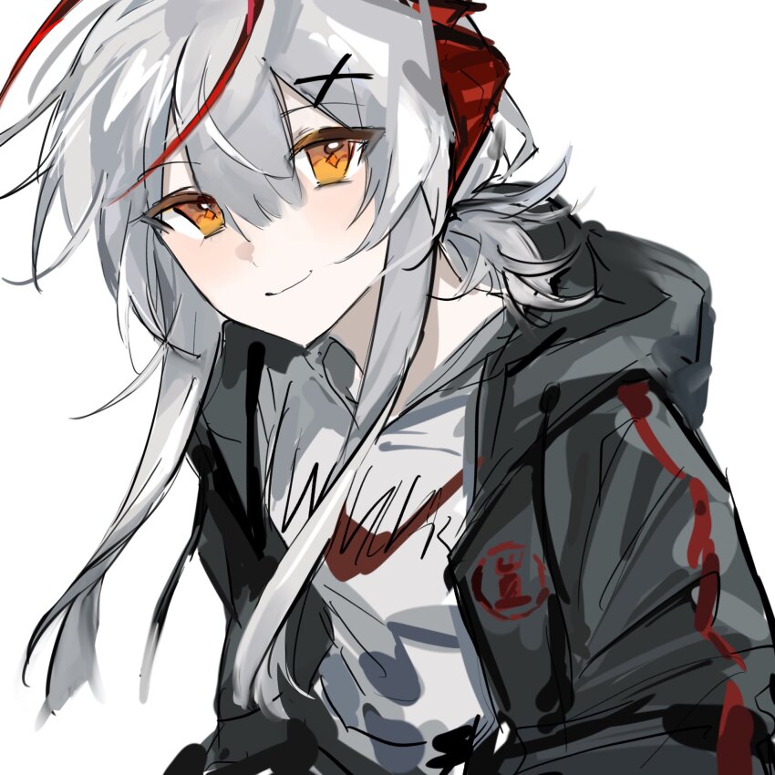 1girl, arknights, black_jacket, chinese_commentary, closed_mouth, commentary_request, grey_hair, grey_shirt