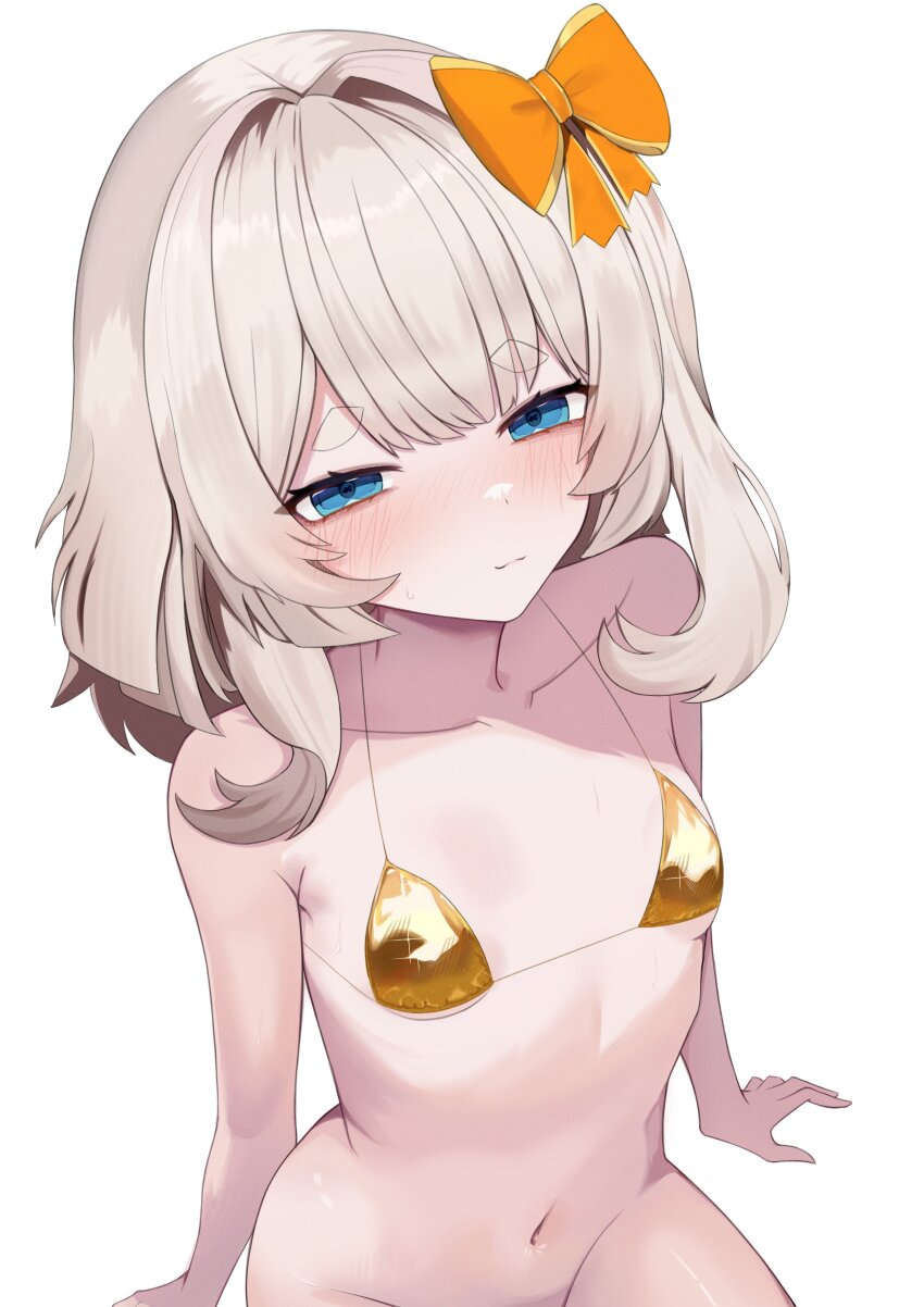 1girl, absurdres, bikini, blue_eyes, blush, bow, closed_mouth, collarbone, flat_chest, gold_bikini, grey_hair, hair_bow, hair_intakes, highres, marimari_(vtuber), navel, newjeffy7210, orange_bow, phase_connect, short_eyebrows, solo, swimsuit, virtual_youtuber, white_background