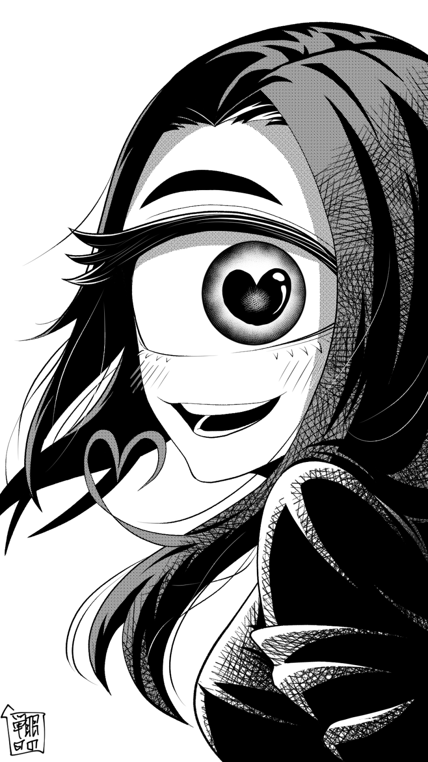 1girl, blush, cyclops, greyscale, heart, heart-shaped_pupils, heart_hair_strand, highres, long_hair, monochrome, one-eyed, original, simple_background, smile, solo, symbol-shaped_pupils, upper_body, white_background, yakochu