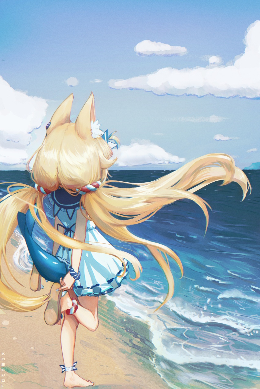 1girl, absurdres, adjusting_clothes, adjusting_shoe, animal_ears, beach, blonde_hair, blue_sky