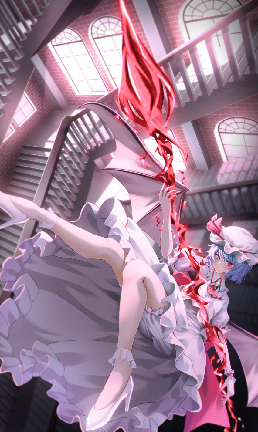 1girl, bat_wings, bloomers, blue_hair, brooch, dress, fall_(5754478), falling