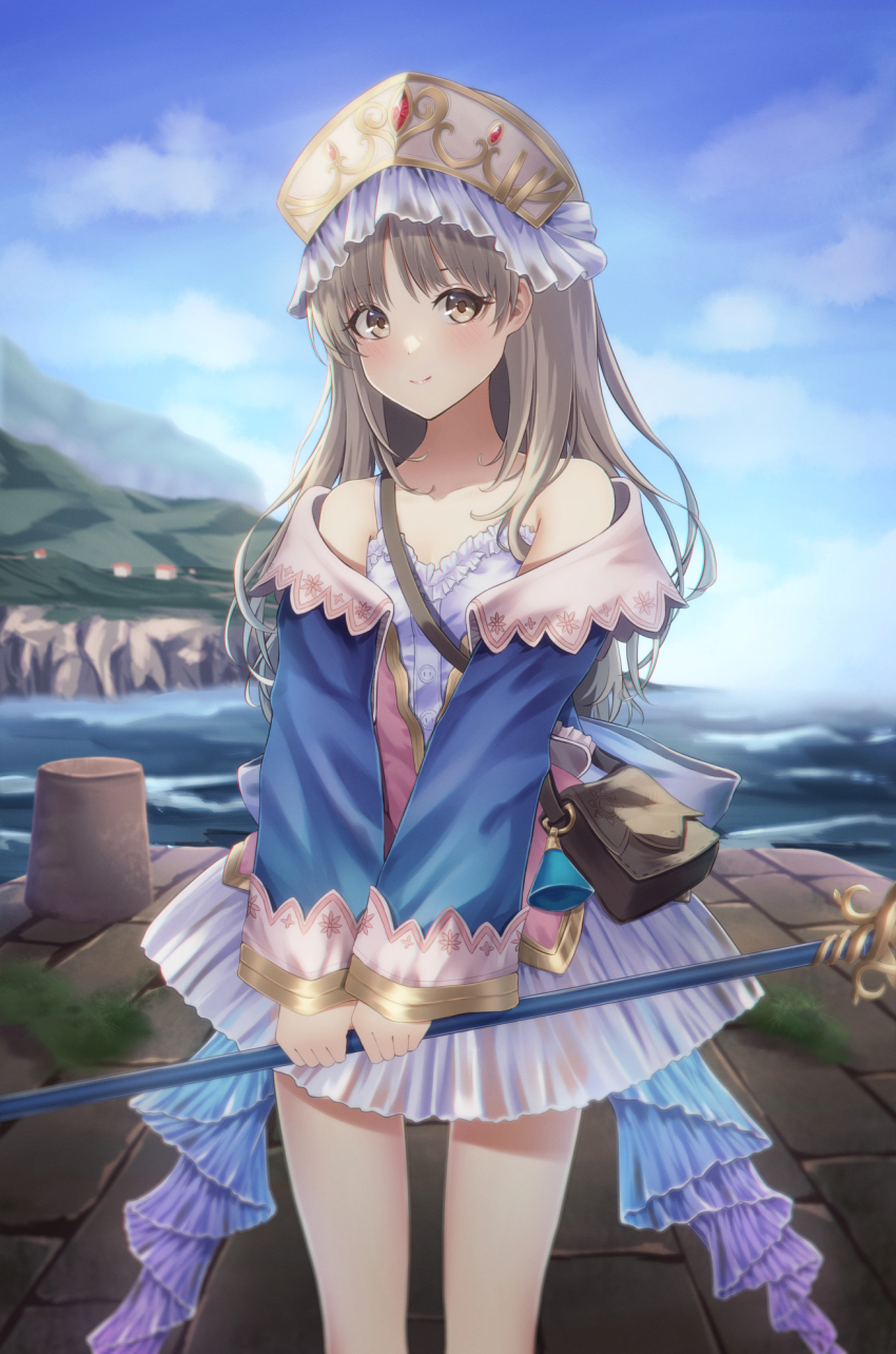 1girl, atelier_(series), atelier_totori, bag, blue_sky, brown_eyes, brown_hair, cowboy_shot