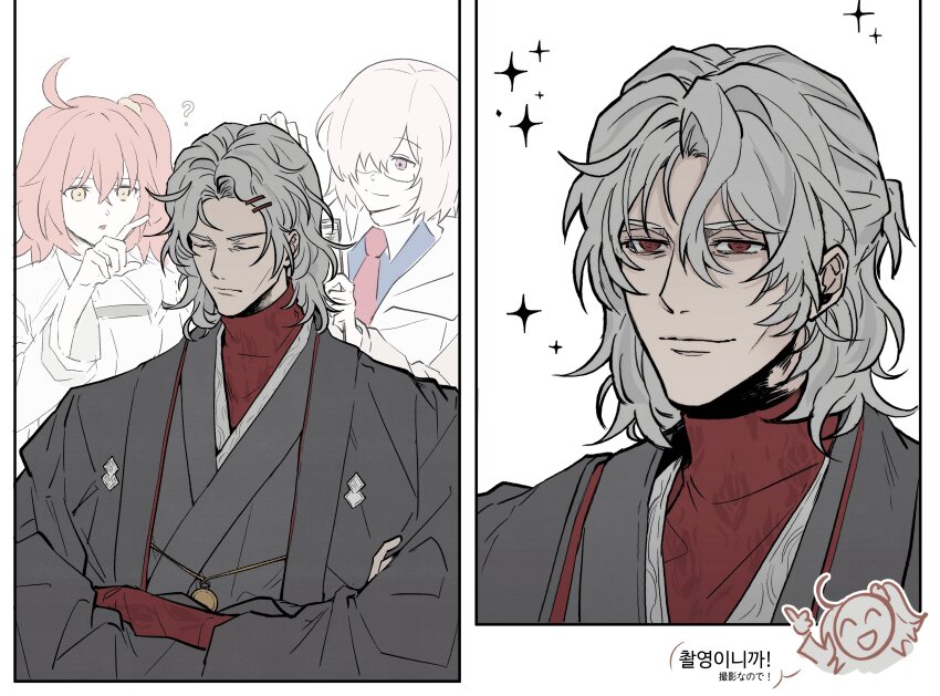 1boy, 2girls, absurdres, adjusting_another's_hair, ahoge, antonio_salieri_(fate), antonio_salieri_(over_the_same_sky)_(fate), bridal_gauntlets