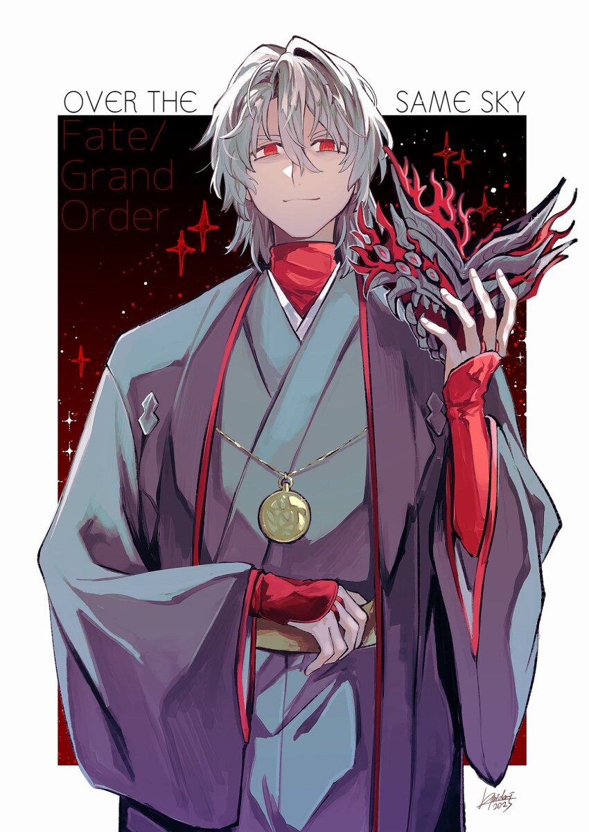 1boy, antonio_salieri_(fate), antonio_salieri_(over_the_same_sky)_(fate), artist_name, black_background, border, bridal_gauntlets, closed_mouth, copyright_name, cowboy_shot, fate/grand_order, fate_(series), glint, gradient_background, grey_hair, grey_kimono, hair_between_eyes, hand_up, haori, highres, holding, holding_mask, japanese_clothes, kimidorix32, kimono, long_sleeves, looking_at_viewer, male_focus, mask, medallion, medium_hair, outside_border, red_background, red_eyes, red_shirt, shirt, signature, simple_background, smile, solo, sparkle, standing, turtleneck, undershirt, unworn_mask, white_border, wide_sleeves