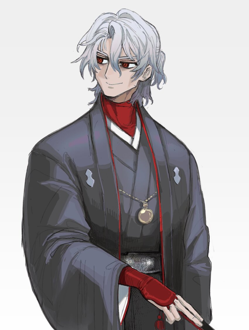 1boy, antonio_salieri_(fate), antonio_salieri_(over_the_same_sky)_(fate), bridal_gauntlets, closed_mouth, fate/grand_order, fate_(series), folded_fan, folding_fan, grey_hair, grey_kimono, hair_between_eyes, half_updo, hand_fan, highres, holding, holding_fan, japanese_clothes, kimono, long_sleeves, looking_afar, looking_to_the_side, male_focus, medallion, medium_hair, red_eyes, red_shirt, ringed_eyes, shirt, simple_background, smile, solo, takustorage, turtleneck, undershirt, white_background, wide_sleeves