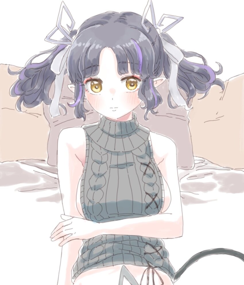 1girl, arm_under_breasts, black_hair, blush, breasts, cable_knit, closed_mouth, clothes_lift