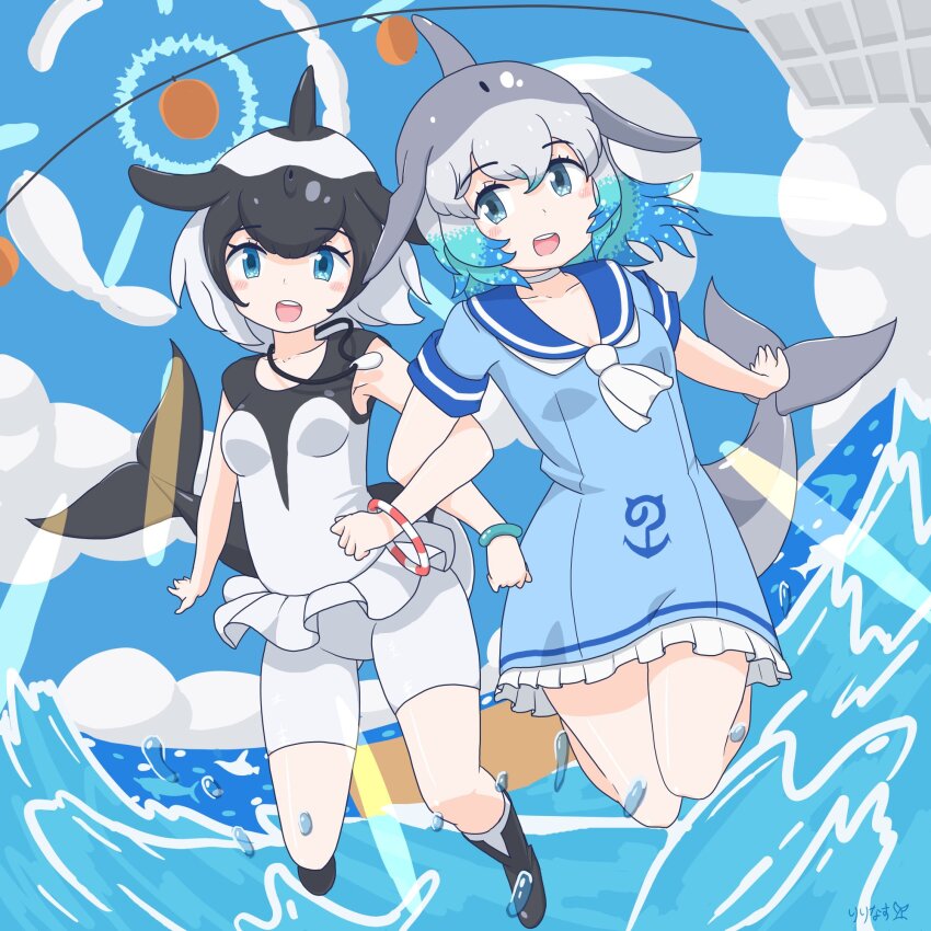 2girls, anchor_symbol, black_boots, black_hair, black_one-piece_swimsuit, blowhole, blue_dress, blue_eyes