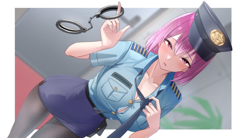 1girl, absurdres, belt, black_belt, black_hat, black_necktie, black_pantyhose, blue_shirt