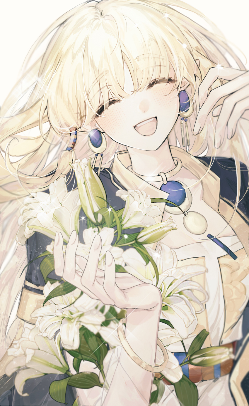 1girl, absurdres, blonde_hair, bracelet, flower, happy, highres, holding