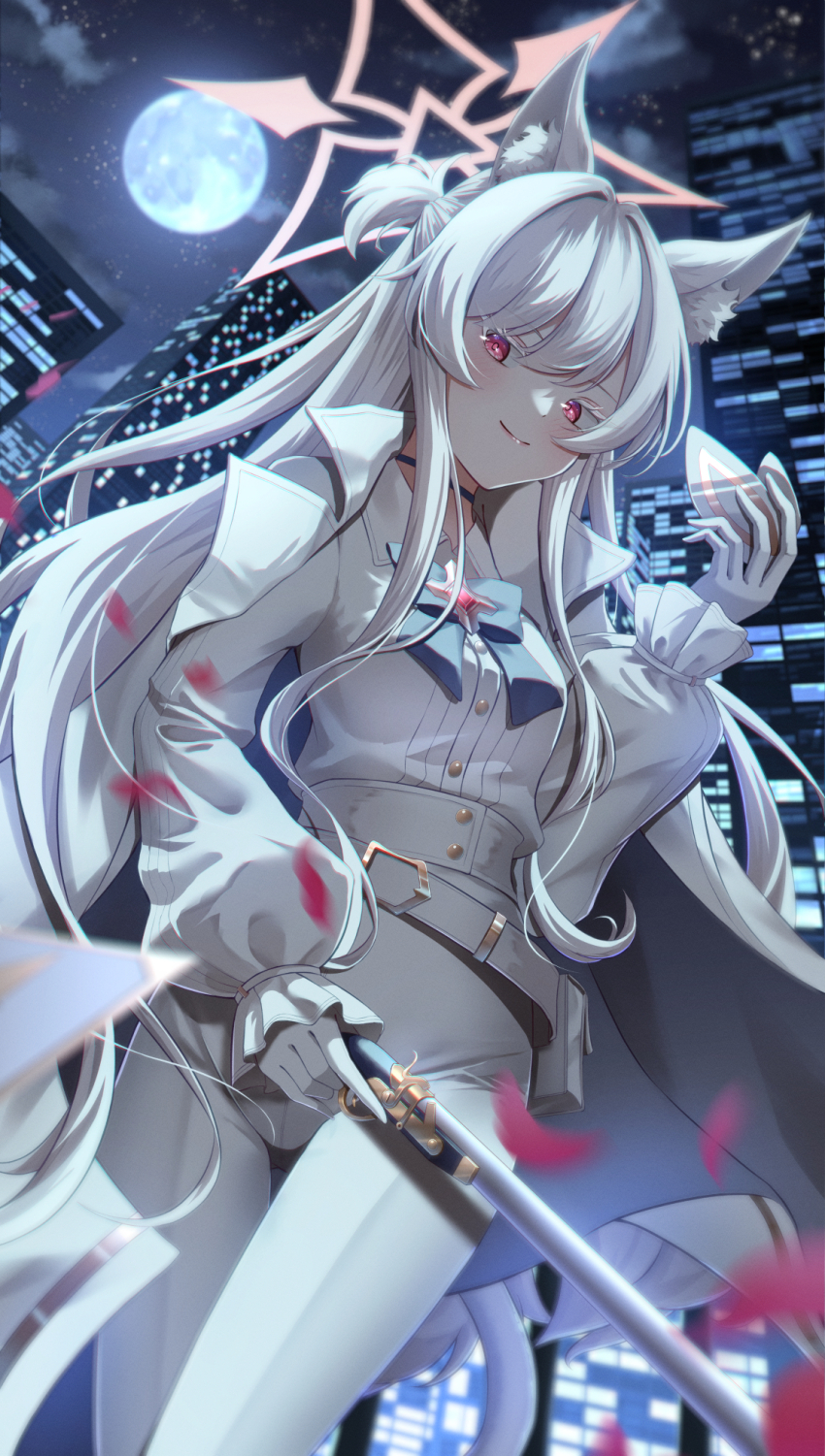 1girl, akira_(blue_archive), animal_ears, bag, belt, blue_archive, building, cat_ears