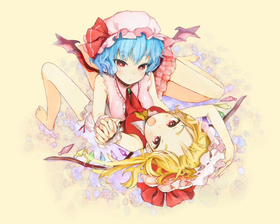 2girls, :/, :d, adapted_costume, ako_(clover01), arm_up, bare_legs, bare_shoulders, barefoot, blonde_hair, blue_hair, breasts, feet, female_focus, fingernails, flandre_scarlet, forehead, hat, holding_hands, long_fingernails, looking_at_viewer, multiple_girls, open_mouth, red_eyes, remilia_scarlet, siblings, sisters, smile, touhou, tsurime, wings