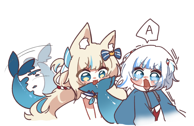 2girls, :d, a_(phrase), afterimage, animal_ear_fluff, animal_ears, blonde_hair, blue_eyes, blush, blush_stickers, bow, cat_ears, commentary, fins, fish_girl, fish_tail, frown, gawr_gura, gawr_gura_(1st_costume), green_eyes, hair_ornament, hololive, hololive_english, indie_virtual_youtuber, kabenats, licking, licking_another's_tail, long_hair, long_sleeves, motion_lines, multicolored_hair, multiple_girls, open_mouth, sameko_saba, shark_girl, shark_tail, simple_background, smile, speech_bubble, spoken_letter, streaked_hair, tail, tail_wagging, tearing_up, two-tone_hair, two_side_up, v-shaped_eyebrows, virtual_youtuber, voice_actor_connection, white_background, white_hair