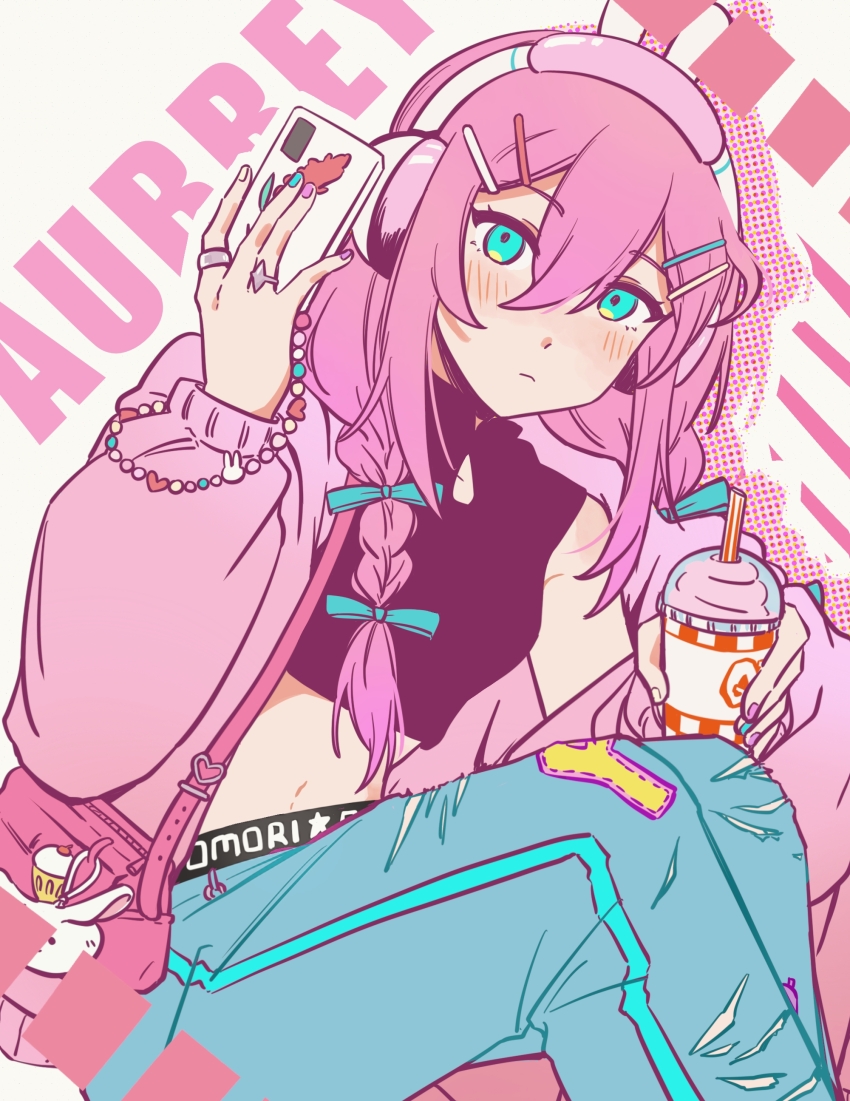 1girl, absurdres, animal_charm, animal_ear_headphones, animal_ears, aqua_bow, aqua_eyes, aqua_nails